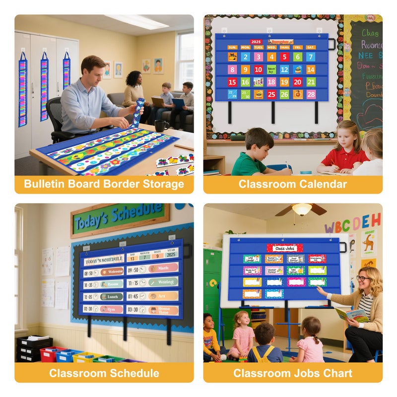 AKAYOK Sentence Strip Holder- Clear 5 Pocket Chart for Classroom Homeschool Office, Foldable Pocket Chart for Word Wall/Letter Cards/Sentence Strips/Bulletin Board Borders (Blue) - Image 2